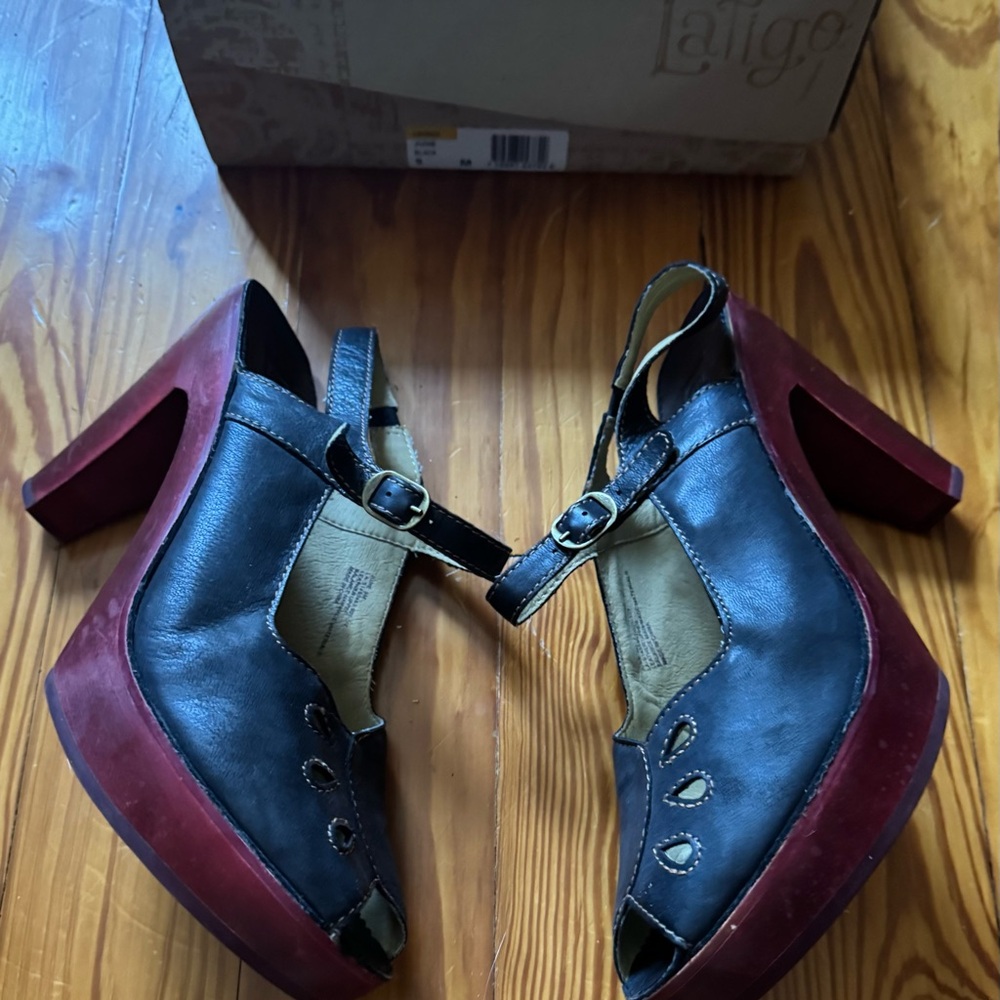 Latigo for Anthropologie Women's Black platform heels with oxblood sole size 9
